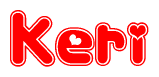 The image is a red and white graphic with the word Keri written in a decorative script. Each letter in  is contained within its own outlined bubble-like shape. Inside each letter, there is a white heart symbol.