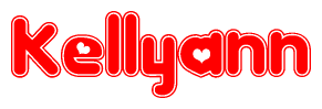 The image is a red and white graphic with the word Kellyann written in a decorative script. Each letter in  is contained within its own outlined bubble-like shape. Inside each letter, there is a white heart symbol.