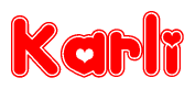 The image is a clipart featuring the word Karli written in a stylized font with a heart shape replacing inserted into the center of each letter. The color scheme of the text and hearts is red with a light outline.