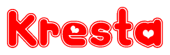 The image is a red and white graphic with the word Kresta written in a decorative script. Each letter in  is contained within its own outlined bubble-like shape. Inside each letter, there is a white heart symbol.