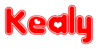 The image is a clipart featuring the word Kealy written in a stylized font with a heart shape replacing inserted into the center of each letter. The color scheme of the text and hearts is red with a light outline.