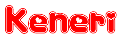 The image is a red and white graphic with the word Keneri written in a decorative script. Each letter in  is contained within its own outlined bubble-like shape. Inside each letter, there is a white heart symbol.