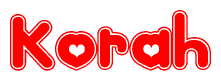 The image is a clipart featuring the word Korah written in a stylized font with a heart shape replacing inserted into the center of each letter. The color scheme of the text and hearts is red with a light outline.