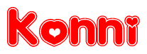 The image is a red and white graphic with the word Konni written in a decorative script. Each letter in  is contained within its own outlined bubble-like shape. Inside each letter, there is a white heart symbol.