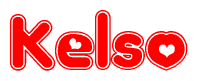 The image displays the word Kelso written in a stylized red font with hearts inside the letters.