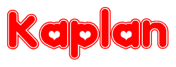 The image is a red and white graphic with the word Kaplan written in a decorative script. Each letter in  is contained within its own outlined bubble-like shape. Inside each letter, there is a white heart symbol.