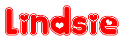 The image is a red and white graphic with the word Lindsie written in a decorative script. Each letter in  is contained within its own outlined bubble-like shape. Inside each letter, there is a white heart symbol.