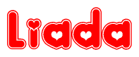 The image is a red and white graphic with the word Liada written in a decorative script. Each letter in  is contained within its own outlined bubble-like shape. Inside each letter, there is a white heart symbol.