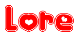 The image is a clipart featuring the word Lore written in a stylized font with a heart shape replacing inserted into the center of each letter. The color scheme of the text and hearts is red with a light outline.
