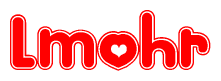 The image is a clipart featuring the word Lmohr written in a stylized font with a heart shape replacing inserted into the center of each letter. The color scheme of the text and hearts is red with a light outline.
