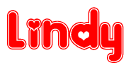 The image is a clipart featuring the word Lindy written in a stylized font with a heart shape replacing inserted into the center of each letter. The color scheme of the text and hearts is red with a light outline.