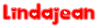 The image is a red and white graphic with the word Lindajean written in a decorative script. Each letter in  is contained within its own outlined bubble-like shape. Inside each letter, there is a white heart symbol.