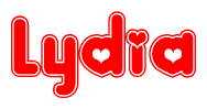 The image displays the word Lydia written in a stylized red font with hearts inside the letters.