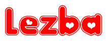 The image is a red and white graphic with the word Lezba written in a decorative script. Each letter in  is contained within its own outlined bubble-like shape. Inside each letter, there is a white heart symbol.
