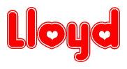 The image is a red and white graphic with the word Lloyd written in a decorative script. Each letter in  is contained within its own outlined bubble-like shape. Inside each letter, there is a white heart symbol.