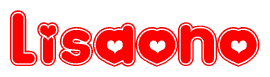 The image is a red and white graphic with the word Lisaono written in a decorative script. Each letter in  is contained within its own outlined bubble-like shape. Inside each letter, there is a white heart symbol.
