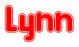 The image is a red and white graphic with the word Lynn written in a decorative script. Each letter in  is contained within its own outlined bubble-like shape. Inside each letter, there is a white heart symbol.