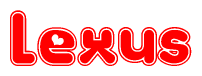 The image is a red and white graphic with the word Lexus written in a decorative script. Each letter in  is contained within its own outlined bubble-like shape. Inside each letter, there is a white heart symbol.