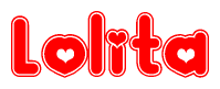 The image is a clipart featuring the word Lolita written in a stylized font with a heart shape replacing inserted into the center of each letter. The color scheme of the text and hearts is red with a light outline.