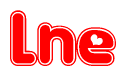 The image is a red and white graphic with the word Lne written in a decorative script. Each letter in  is contained within its own outlined bubble-like shape. Inside each letter, there is a white heart symbol.