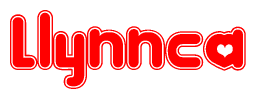 The image is a red and white graphic with the word Llynnca written in a decorative script. Each letter in  is contained within its own outlined bubble-like shape. Inside each letter, there is a white heart symbol.