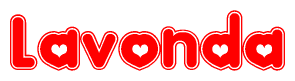 The image is a red and white graphic with the word Lavonda written in a decorative script. Each letter in  is contained within its own outlined bubble-like shape. Inside each letter, there is a white heart symbol.