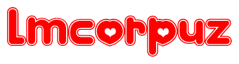 The image is a red and white graphic with the word Lmcorpuz written in a decorative script. Each letter in  is contained within its own outlined bubble-like shape. Inside each letter, there is a white heart symbol.