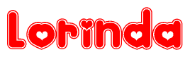 The image is a clipart featuring the word Lorinda written in a stylized font with a heart shape replacing inserted into the center of each letter. The color scheme of the text and hearts is red with a light outline.