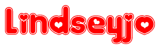 The image is a red and white graphic with the word Lindseyjo written in a decorative script. Each letter in  is contained within its own outlined bubble-like shape. Inside each letter, there is a white heart symbol.