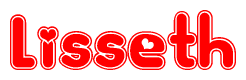 The image is a red and white graphic with the word Lisseth written in a decorative script. Each letter in  is contained within its own outlined bubble-like shape. Inside each letter, there is a white heart symbol.