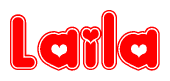 The image is a red and white graphic with the word Laila written in a decorative script. Each letter in  is contained within its own outlined bubble-like shape. Inside each letter, there is a white heart symbol.