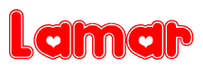 The image is a red and white graphic with the word Lamar written in a decorative script. Each letter in  is contained within its own outlined bubble-like shape. Inside each letter, there is a white heart symbol.