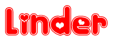 The image is a red and white graphic with the word Linder written in a decorative script. Each letter in  is contained within its own outlined bubble-like shape. Inside each letter, there is a white heart symbol.