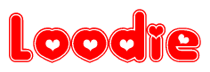 The image is a red and white graphic with the word Loodie written in a decorative script. Each letter in  is contained within its own outlined bubble-like shape. Inside each letter, there is a white heart symbol.