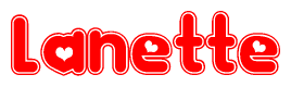 The image is a red and white graphic with the word Lanette written in a decorative script. Each letter in  is contained within its own outlined bubble-like shape. Inside each letter, there is a white heart symbol.