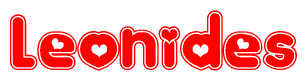 The image is a red and white graphic with the word Leonides written in a decorative script. Each letter in  is contained within its own outlined bubble-like shape. Inside each letter, there is a white heart symbol.