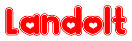 The image is a red and white graphic with the word Landolt written in a decorative script. Each letter in  is contained within its own outlined bubble-like shape. Inside each letter, there is a white heart symbol.