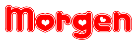 The image is a red and white graphic with the word Morgen written in a decorative script. Each letter in  is contained within its own outlined bubble-like shape. Inside each letter, there is a white heart symbol.