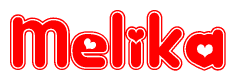 The image is a red and white graphic with the word Melika written in a decorative script. Each letter in  is contained within its own outlined bubble-like shape. Inside each letter, there is a white heart symbol.