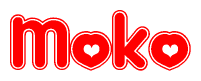 The image is a red and white graphic with the word Moko written in a decorative script. Each letter in  is contained within its own outlined bubble-like shape. Inside each letter, there is a white heart symbol.