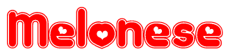 The image displays the word Melonese written in a stylized red font with hearts inside the letters.