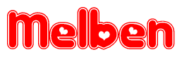 The image displays the word Melben written in a stylized red font with hearts inside the letters.