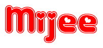 The image is a clipart featuring the word Mijee written in a stylized font with a heart shape replacing inserted into the center of each letter. The color scheme of the text and hearts is red with a light outline.