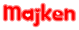 The image is a red and white graphic with the word Majken written in a decorative script. Each letter in  is contained within its own outlined bubble-like shape. Inside each letter, there is a white heart symbol.