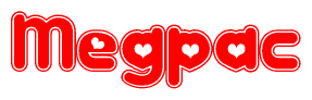 The image displays the word Megpac written in a stylized red font with hearts inside the letters.
