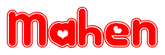 The image displays the word Mahen written in a stylized red font with hearts inside the letters.