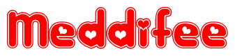 The image is a clipart featuring the word Meddifee written in a stylized font with a heart shape replacing inserted into the center of each letter. The color scheme of the text and hearts is red with a light outline.