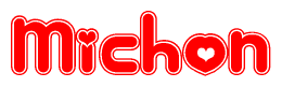 The image is a clipart featuring the word Michon written in a stylized font with a heart shape replacing inserted into the center of each letter. The color scheme of the text and hearts is red with a light outline.
