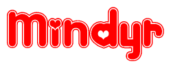 The image is a clipart featuring the word Mindyr written in a stylized font with a heart shape replacing inserted into the center of each letter. The color scheme of the text and hearts is red with a light outline.