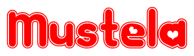 The image is a clipart featuring the word Mustela written in a stylized font with a heart shape replacing inserted into the center of each letter. The color scheme of the text and hearts is red with a light outline.